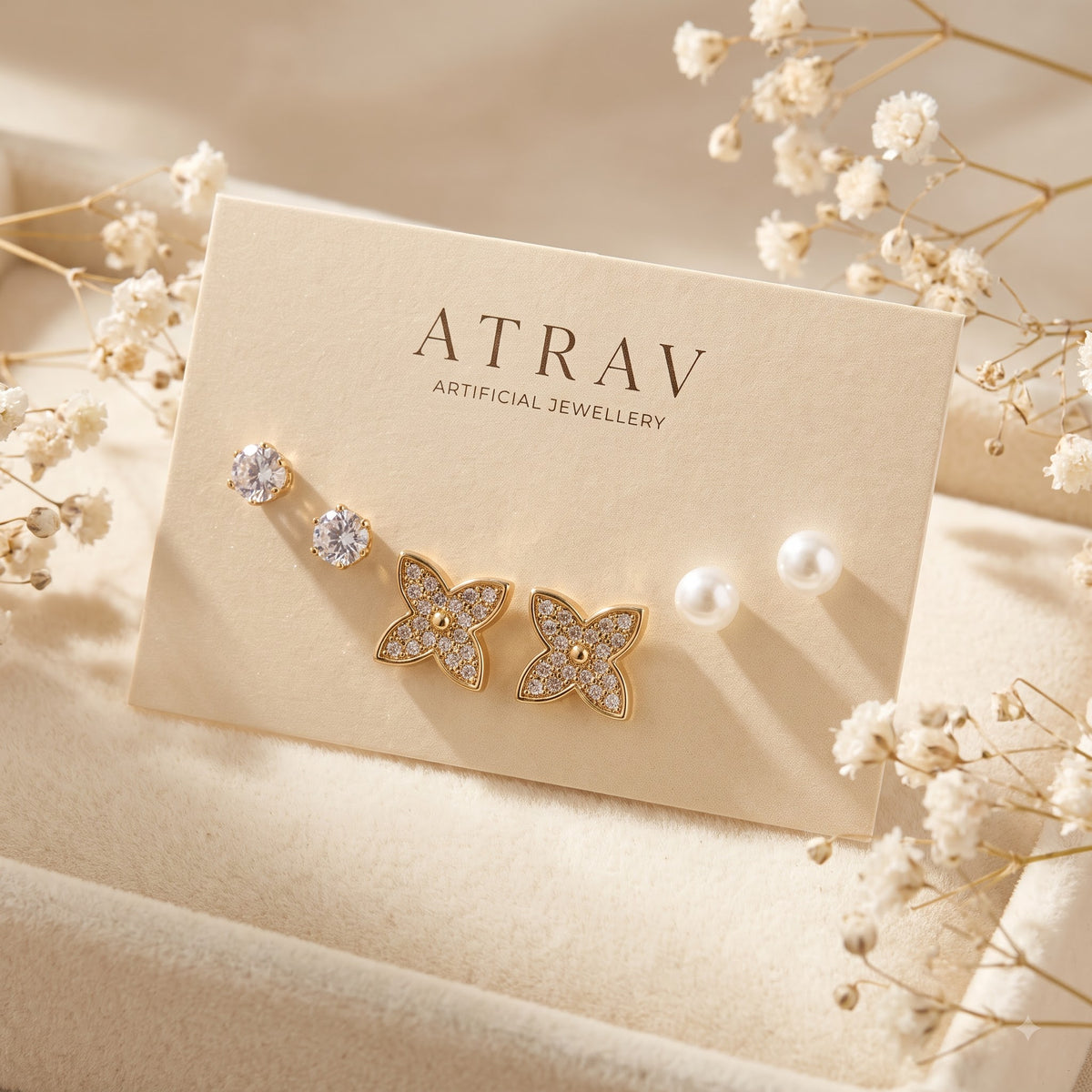 3-Pair Pearl, Crystal & Bow Stud Earrings Set for Women