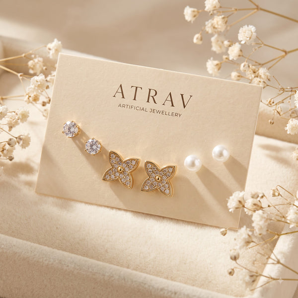 3-Pair Pearl, Crystal & Bow Stud Earrings Set for Women
