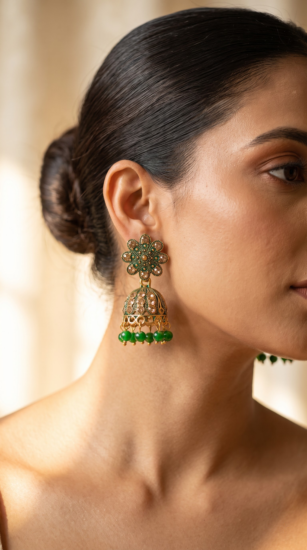 Artificial Green Stone Gold Plated Jhumka Earrings for Women