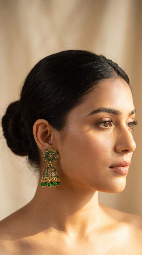 Artificial Green Stone Gold Plated Jhumka Earrings for Women