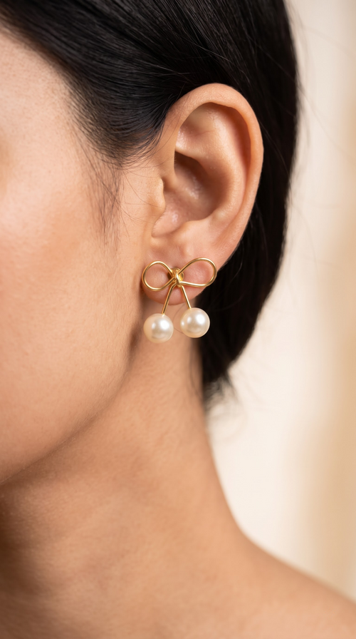 Elegant Gold Bow Faux Pearl Stud Earrings for Women
