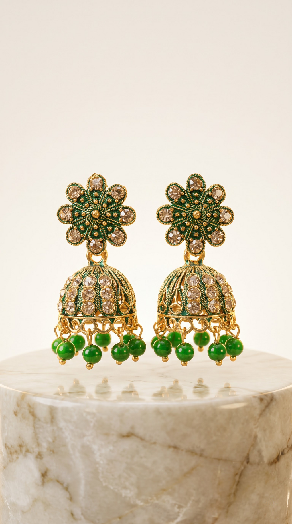 Artificial Green Stone Gold Plated Jhumka Earrings for Women