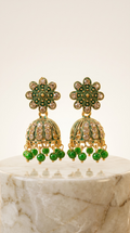 Artificial Green Stone Gold Plated Jhumka Earrings for Women