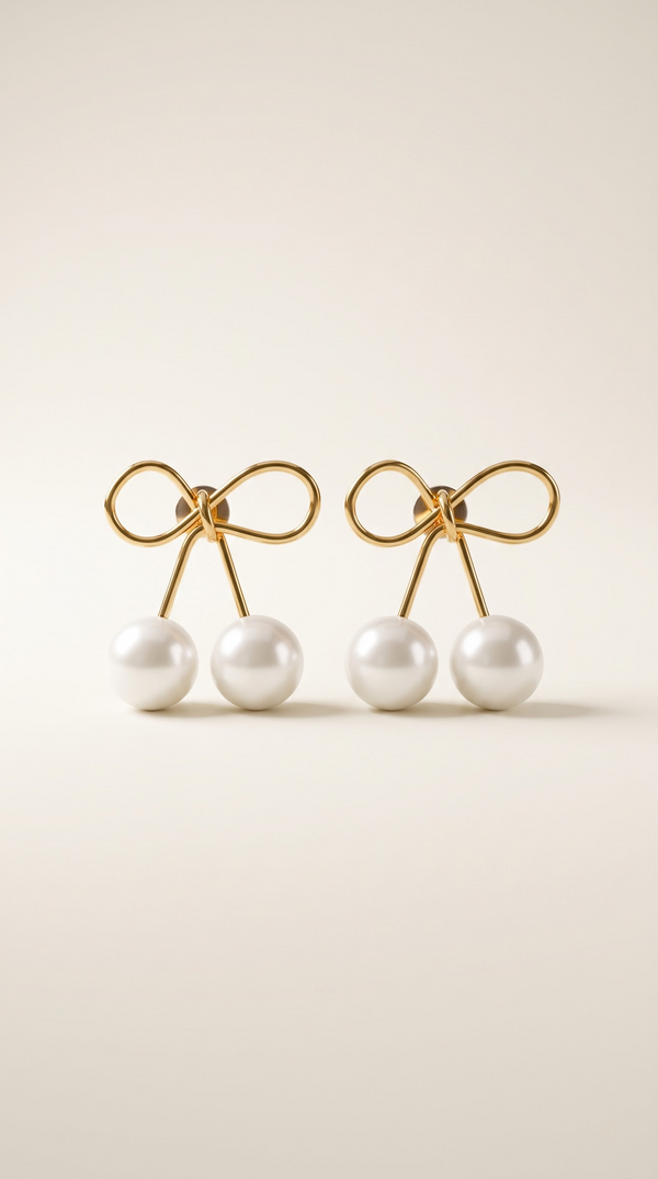 Elegant gold bow faux pearl stud earrings by ATRAV