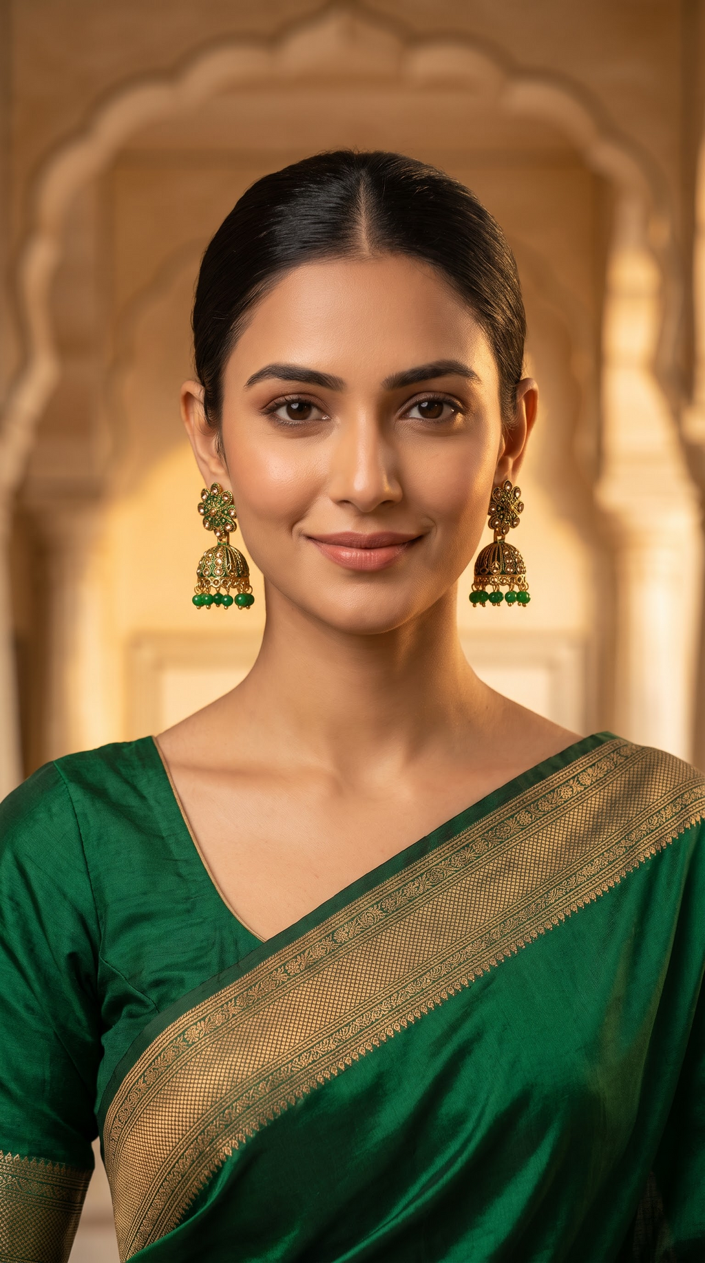 Artificial Green Stone Gold Plated Jhumka Earrings for Women