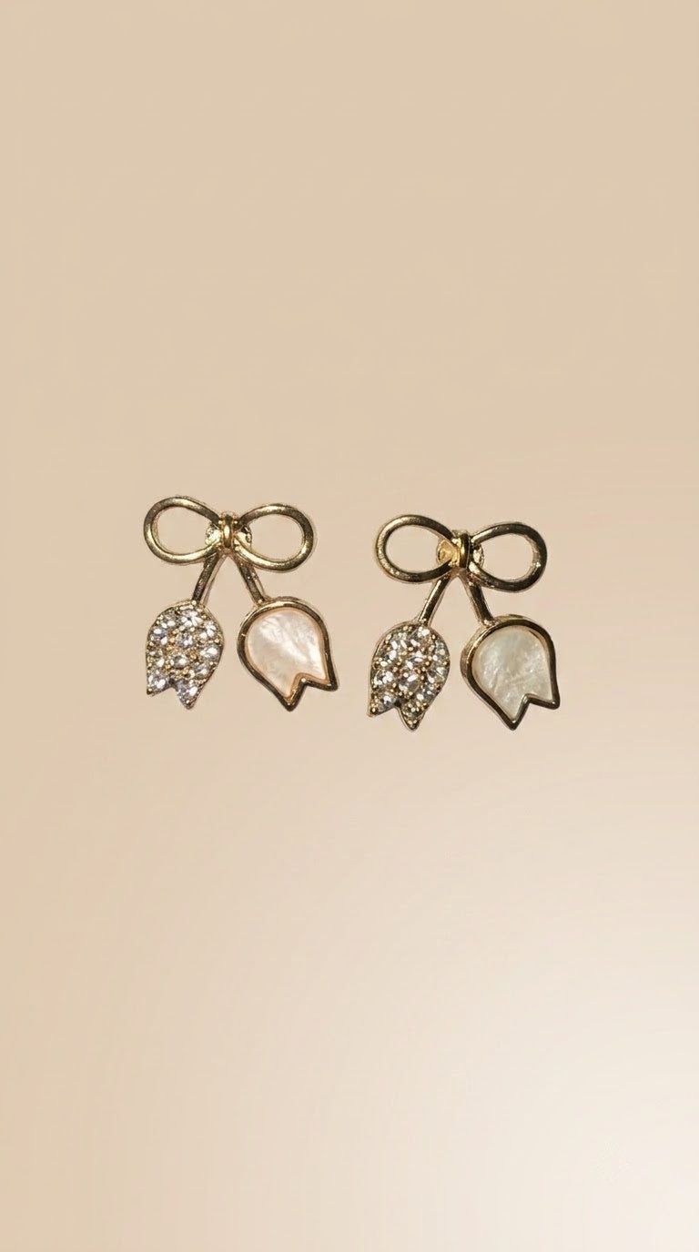 Gold-Tone Bow Crystal & Enamel Petal Stud Earrings for Women