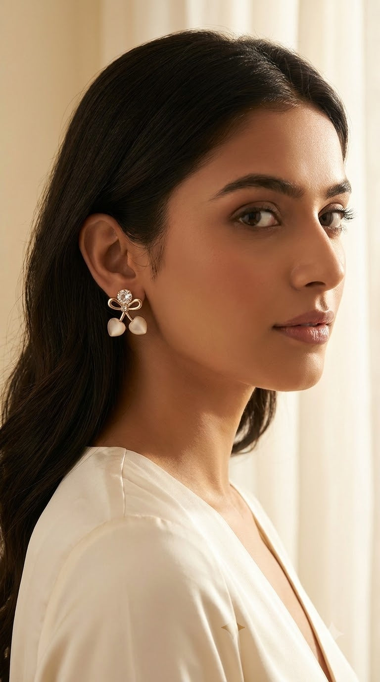 Gold-Tone Bow Heart Charm Stud Earrings for Women