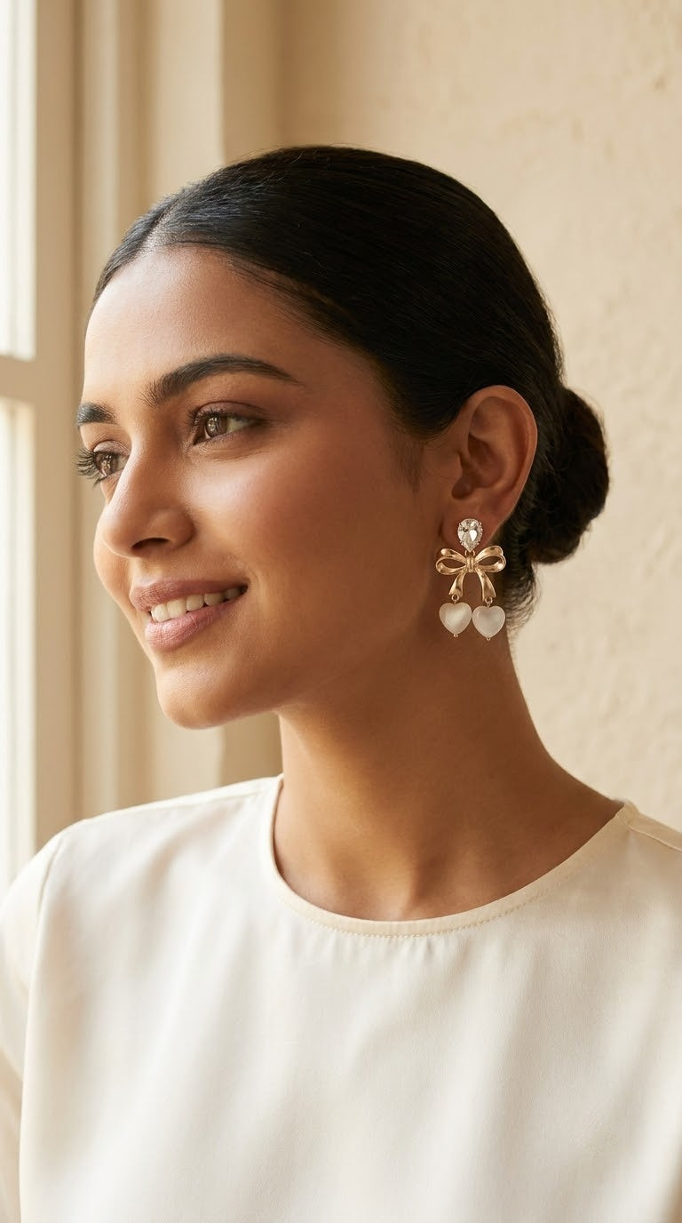 Gold-Tone Bow Heart Charm Stud Earrings for Women